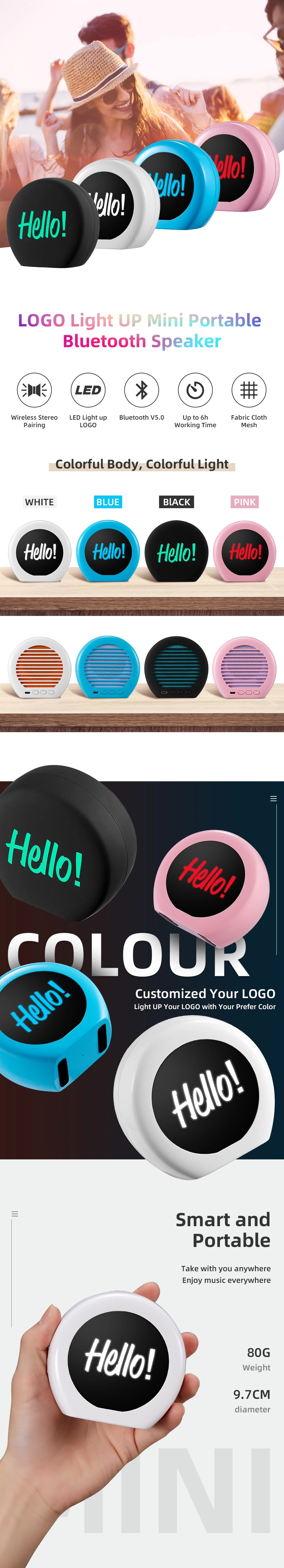 Portable Bluetooth Speaker Stereo Sound Box with Customs Logo Light up for Ios Android Phone