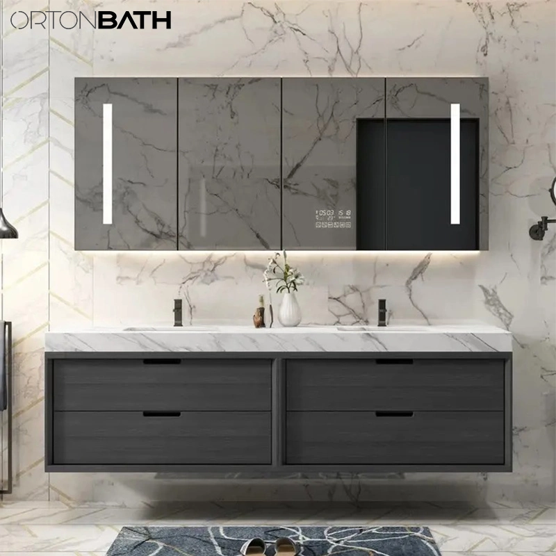 Ortonbath Modern Wall Undermount Ceramic Sink Marble Countertop Bathroom Wood Vanity Unit Cabinet Quartz Bathroom Furniture with LED Mirror Cabinet