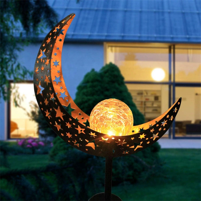 Solar Lights Outdoor Iron Crackle Glass Ball Moon Solar Outdoor Light Crescent Warm Waterproof Solar Stake Lights