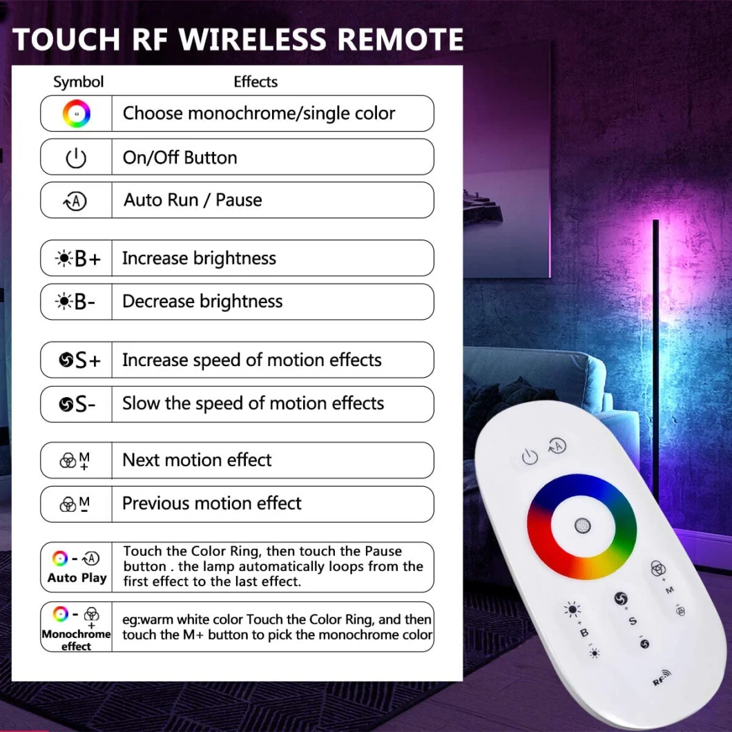 Modern Home Decorative RGB Remote Control LED Floor Standing Lamp Corner Light