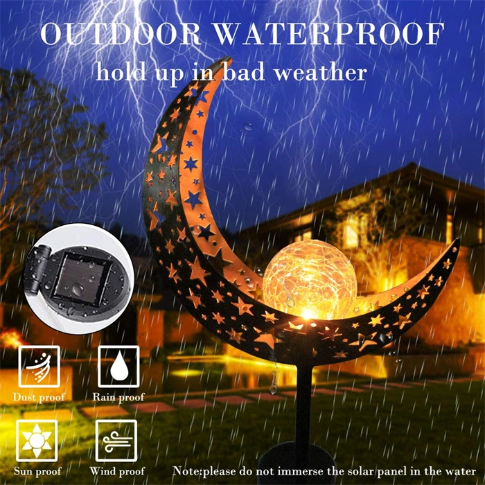 Solar Lights Outdoor Iron Crackle Glass Ball Moon Solar Outdoor Light Crescent Warm Waterproof Solar Stake Lights