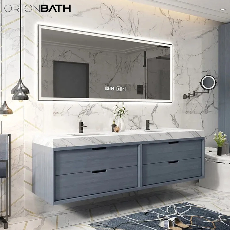 Ortonbath Modern Wall Undermount Ceramic Sink Marble Countertop Bathroom Wood Vanity Unit Cabinet Quartz Bathroom Furniture with LED Mirror Cabinet