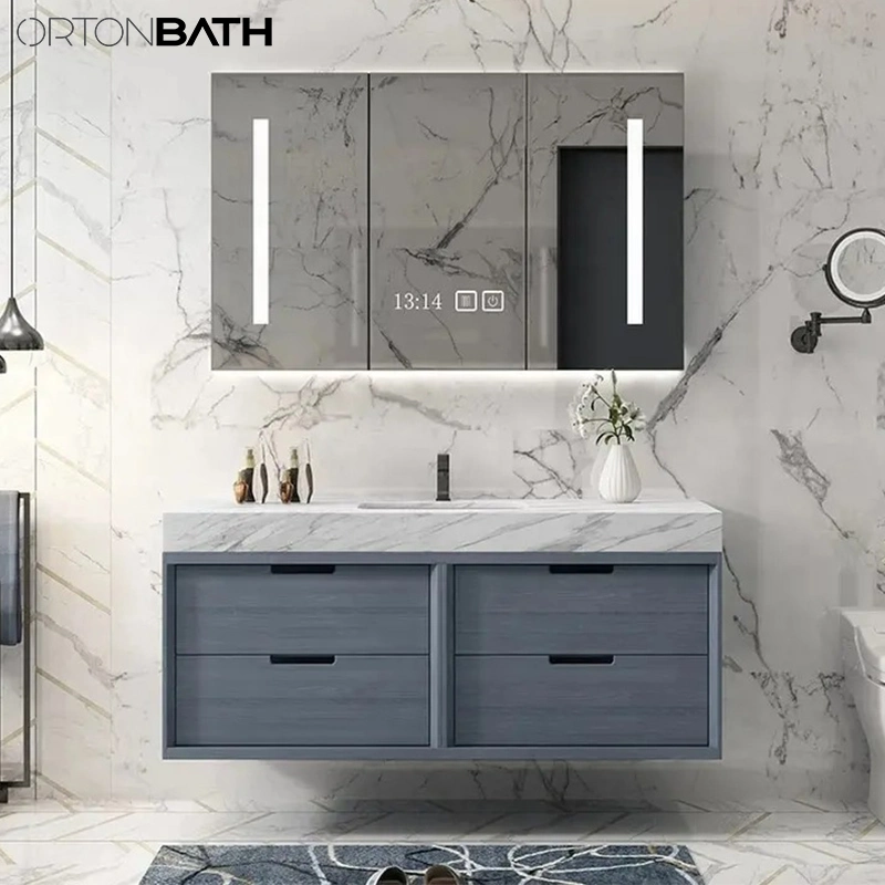 Ortonbath Modern Wall Undermount Ceramic Sink Marble Countertop Bathroom Wood Vanity Unit Cabinet Quartz Bathroom Furniture with LED Mirror Cabinet